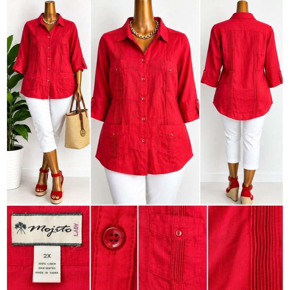 Majito Lady 2x Red 100% Linen Button Front Shirt Blouse Guayabera Paintuck Women